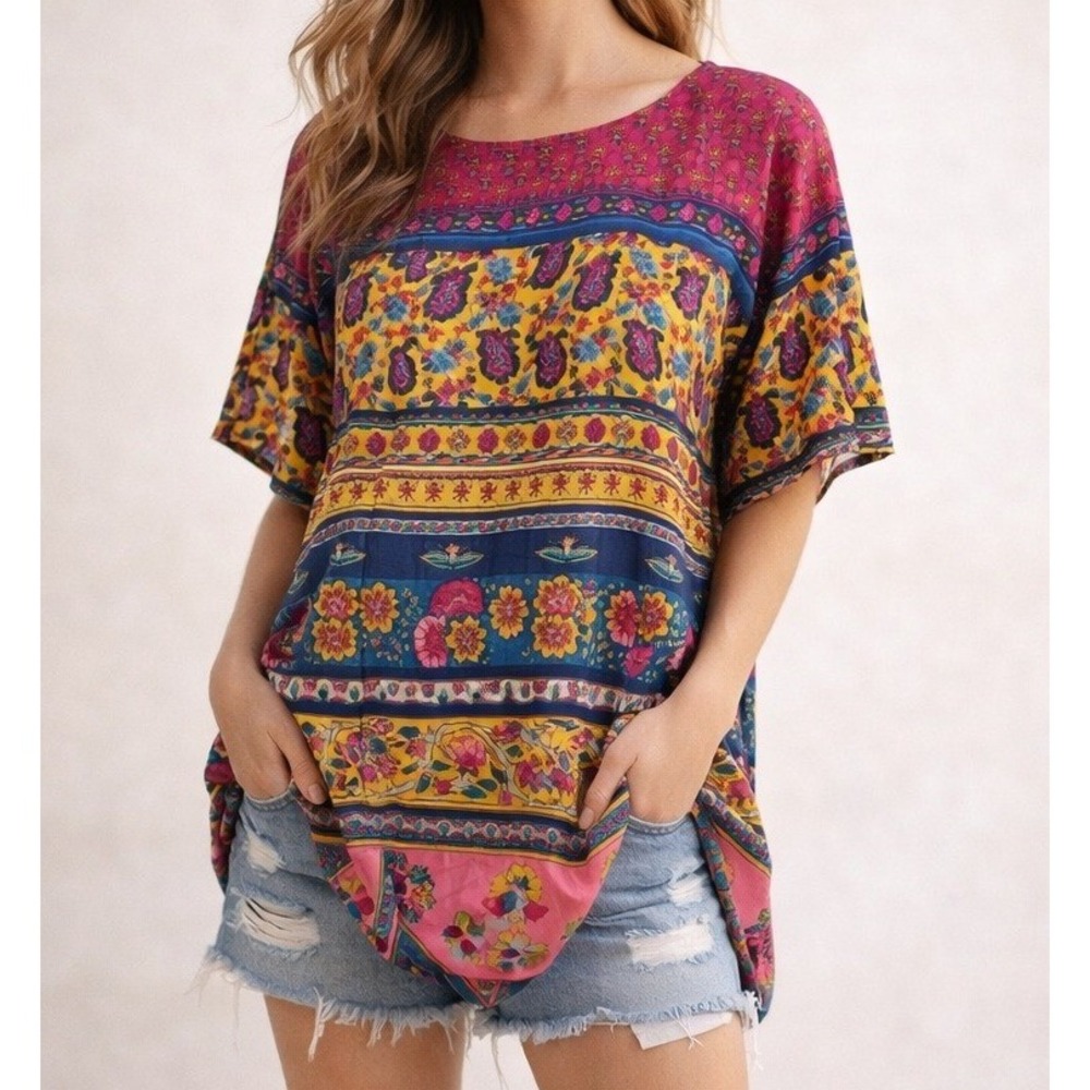 Silky Boho Tunic Top Women Medium Festival Indie Hippie Art to Wear Whimsical